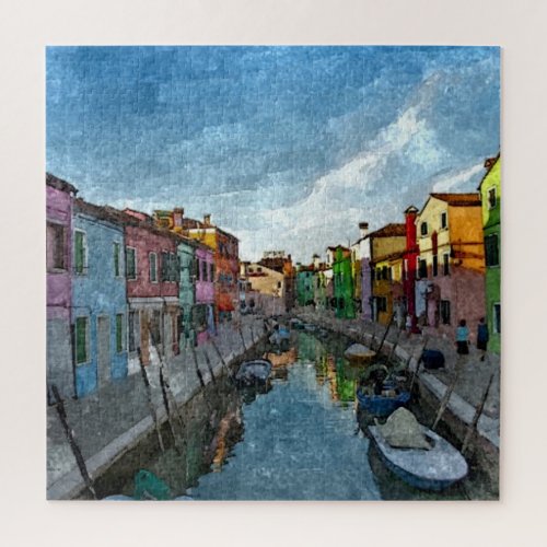 Colorful Sunset Over Burano Island Watercolor Art Jigsaw Puzzle