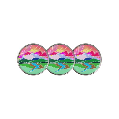Colorful Sunset over Mountains and River Golf Ball Marker
