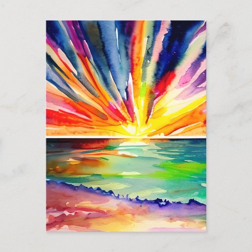 Colorful Sunset over the Ocean Watercolor Art Postcard