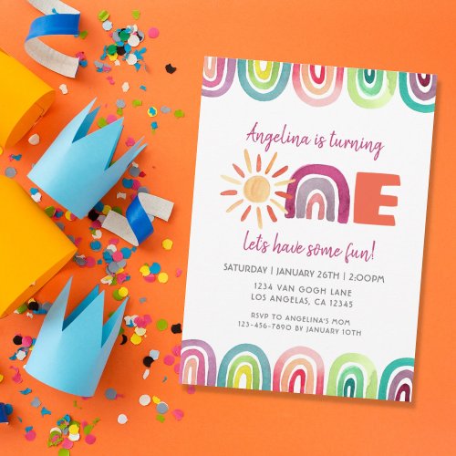 Colorful Sunshine Rainbow 1st Birthday Watercolor Invitation