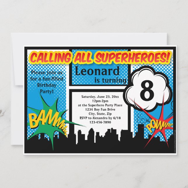 Colorful Superhero Comic Boy's Birthday Party Invitation (Front)