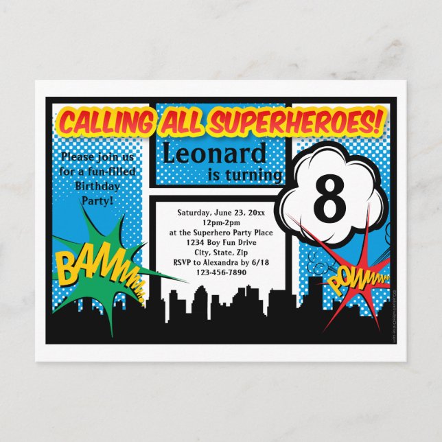 Colorful Superhero Comic Boy's Birthday Party Invitation Postcard (Front)