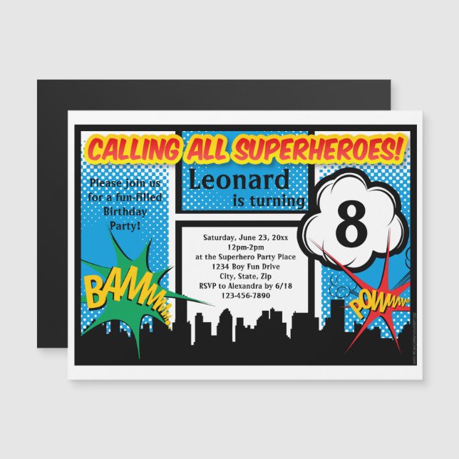 Colorful Superhero Comic Boy's Birthday Party Magnetic Invitation (Front/Back)