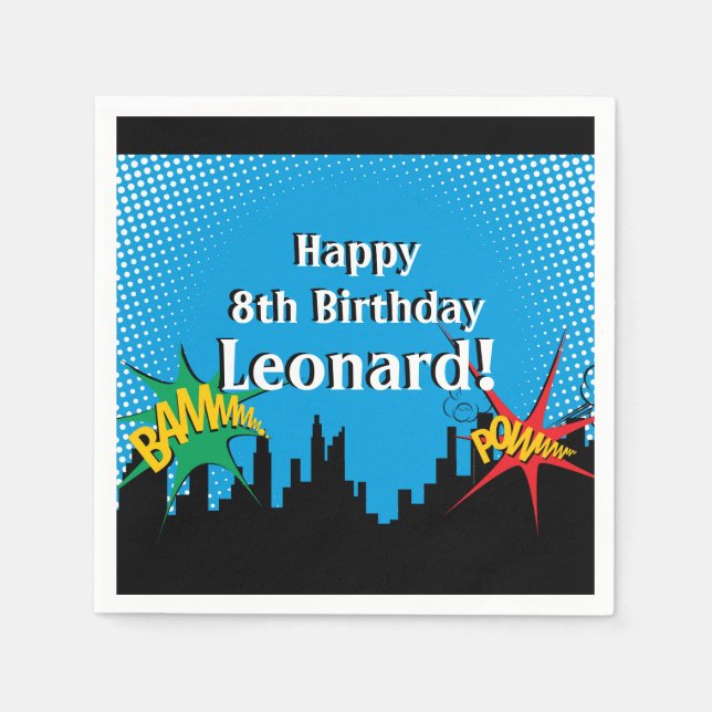 Colorful Superhero Comic Boy's Birthday Party Napkins (Front)