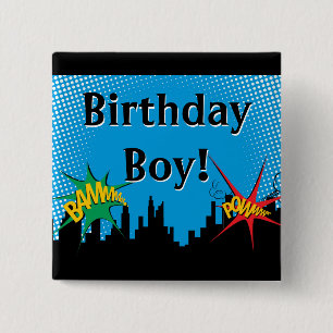 Colorful Superhero Comic Boy's Birthday Party Pinback Button