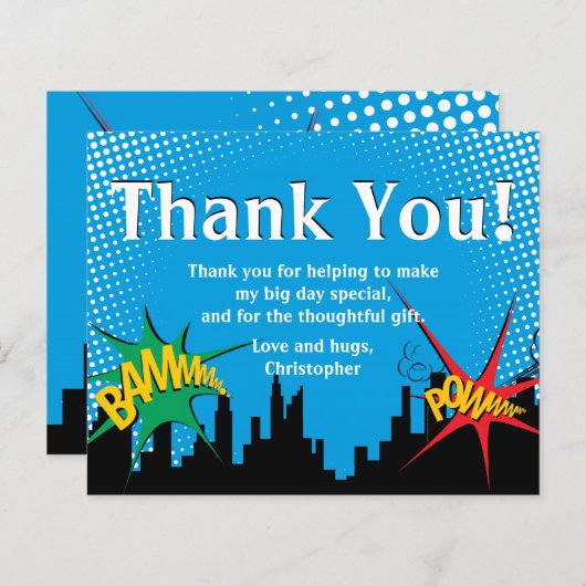 Colorful Superhero Comic Boy's Birthday Thank You (Front/Back)