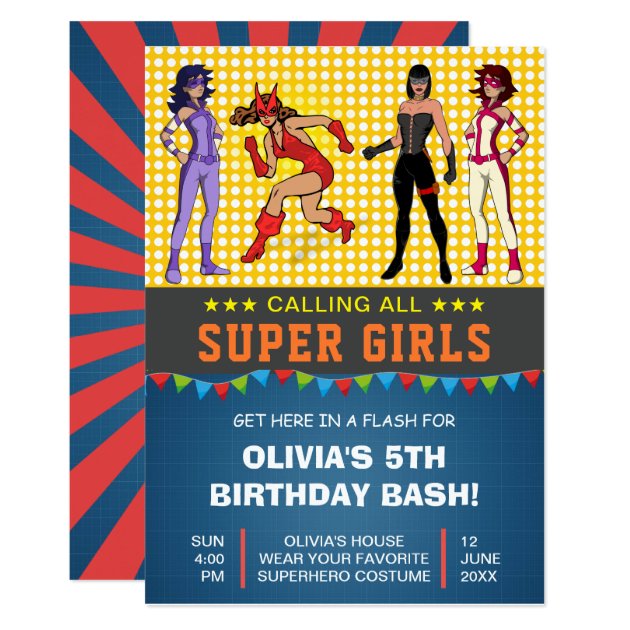 Colorful Superhero Girls Birthday Party Invitation