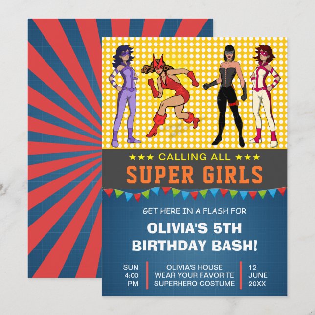 Colorful Superhero Girls Birthday Party Invitation (Front/Back)