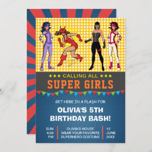 Colorful Superhero Girls Birthday Party Invitation