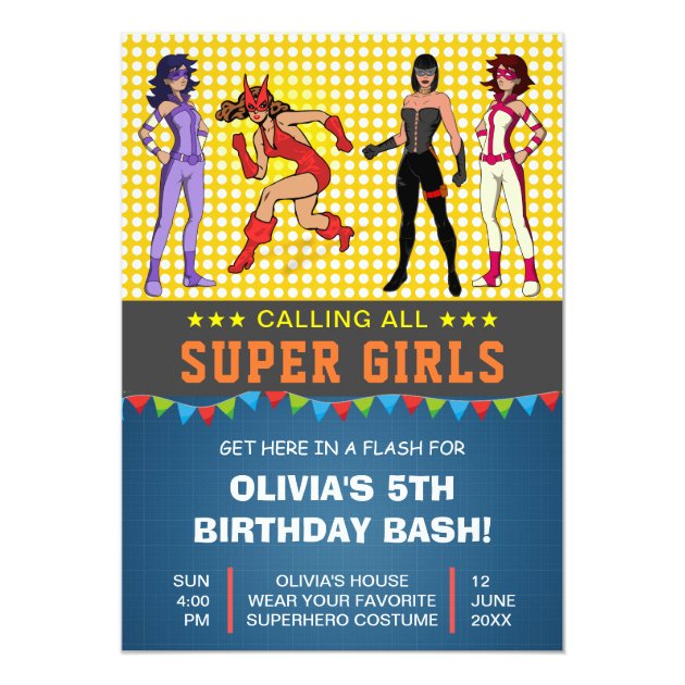 Colorful Superhero Girls Birthday Party Invitation