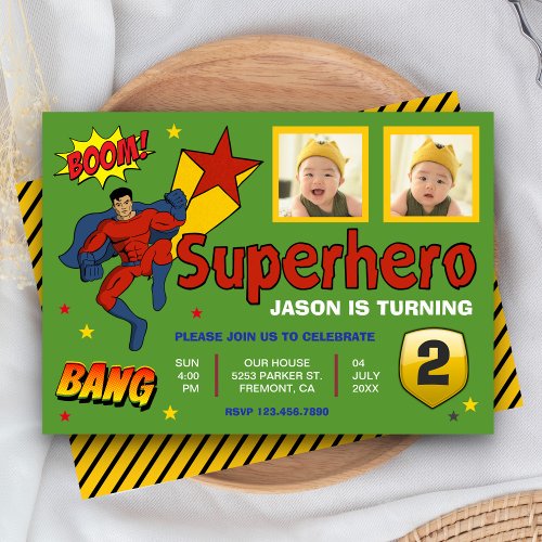 Colorful Superhero Kids Photo Birthday Invitation