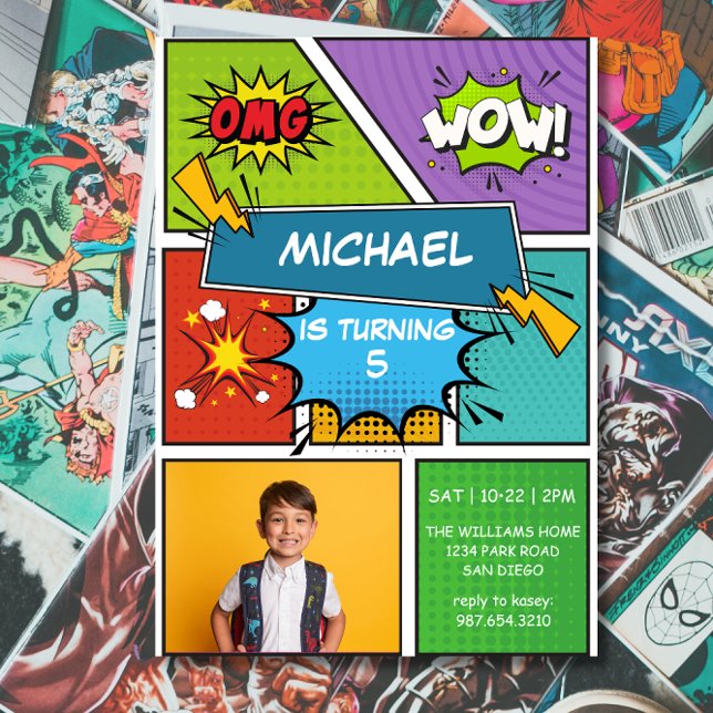 Colorful Superhero Pop Art Birthday Invitation (Creator Uploaded)