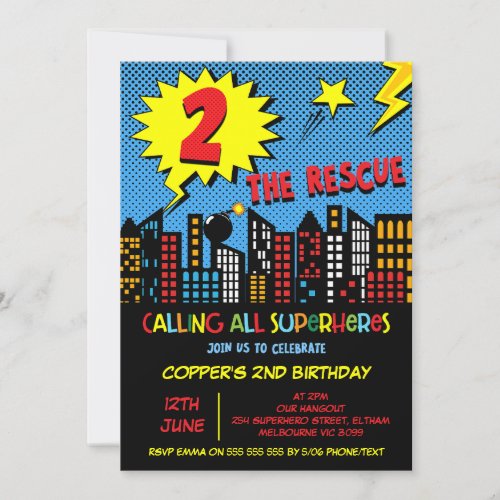 Colorful Superhero Two The Rescue 2nd Birthday Invitation
