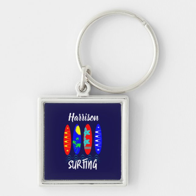 Colorful Surf Boards Surfing Fans Personalized Keychain (Front)