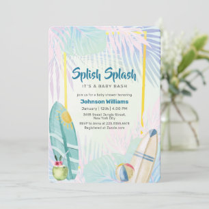 Colorful Surfboard Plam Beach Leaves Baby Shower   Invitation