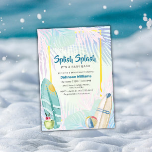 Colorful Surfboard Plam Beach Leaves Baby Shower Invitation