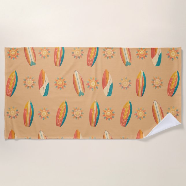 Colorful surfboards and suns against golden sand. beach towel (Front)
