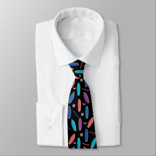 Colorful surfboards doodle party on black pattern neck tie
