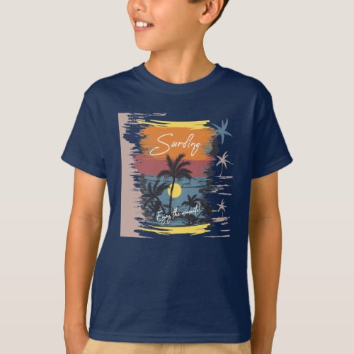 Colorful Surfer Sunset Palm Ocean T_Shirt