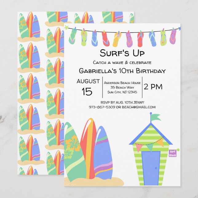 Colorful Surf's Up Beach Birthday Invitation (Front/Back)