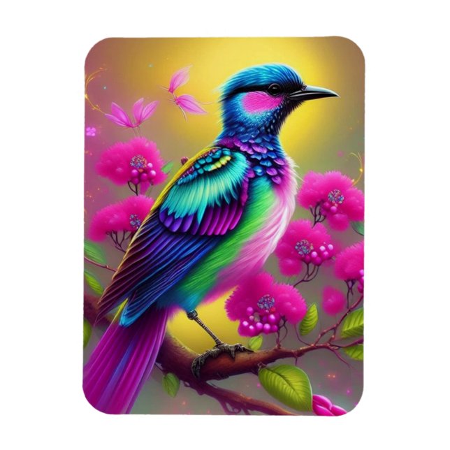Colorful Surreal Bird Pink Flowers Magnet (Vertical)