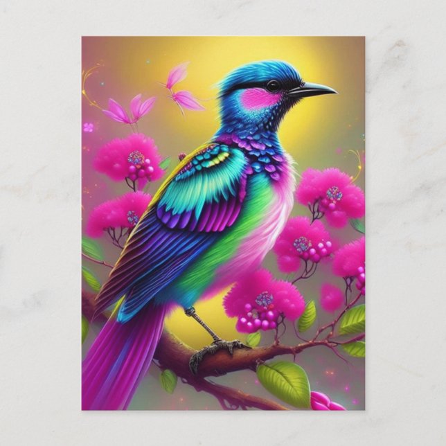 Colorful Surreal Bird Pink Flowers Postcard (Front)