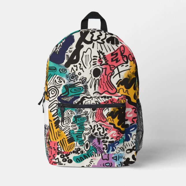 Colorful Surreal Cartoon Faces Pattern Printed Backpack (Front)