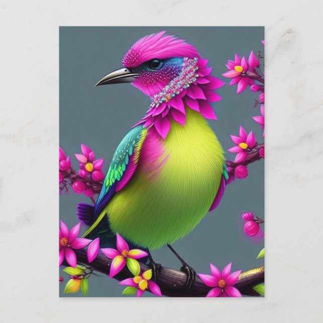 Colorful Surreal Pink Yellow Bird Postcard (Front)