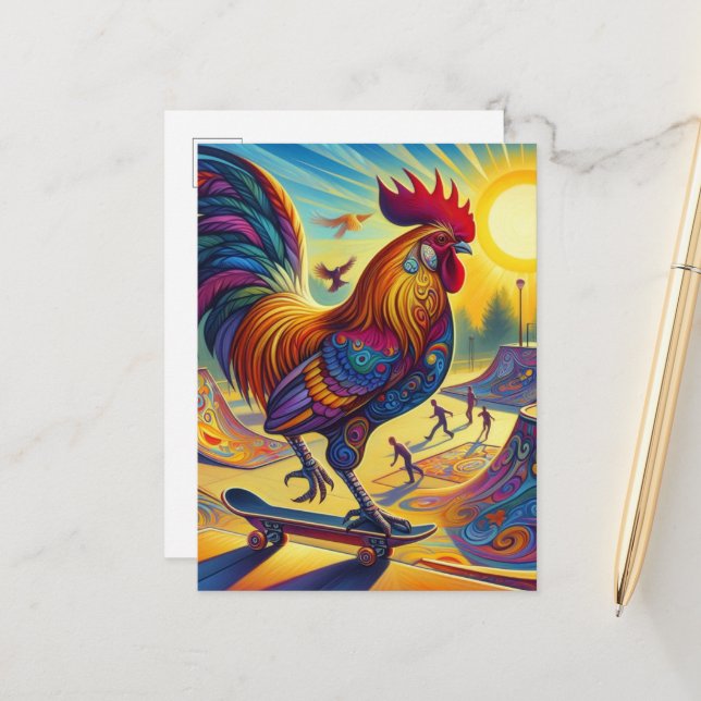 Colorful Surreal Skateboarding Rooster Postcard (Front/Back In Situ)