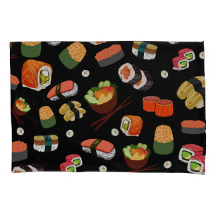 Colorful Sushi on Black Background Pillow Case