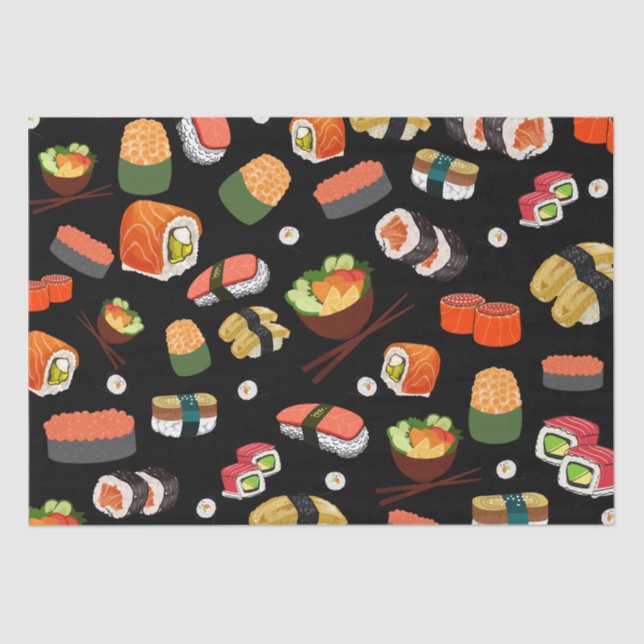 Colorful Sushi on Black Background Tissue Paper (Front)