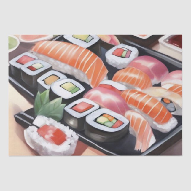 Colorful Sushi on Black Platter Tissue Paper (Front)