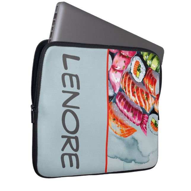 Colorful Sushi on Grey Monogram Name Laptop Sleeve (Front Right)