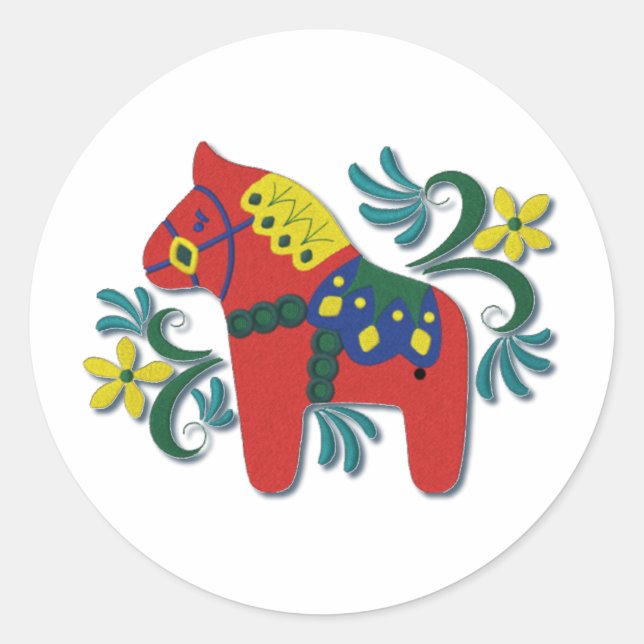 Colorful Swedish Dala Horse Classic Round Sticker (Front)