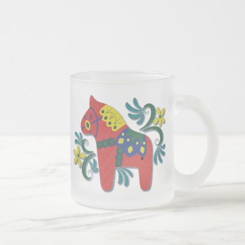 Colorful Swedish Dala Horse Frosted Glass Coffee Mug