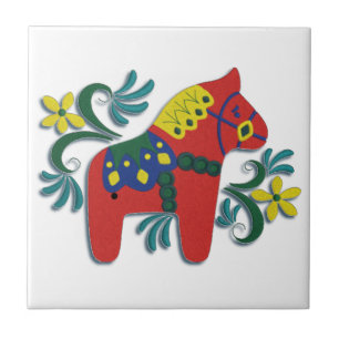 Colorful Swedish Dala Horse Right Facing Ceramic Tile