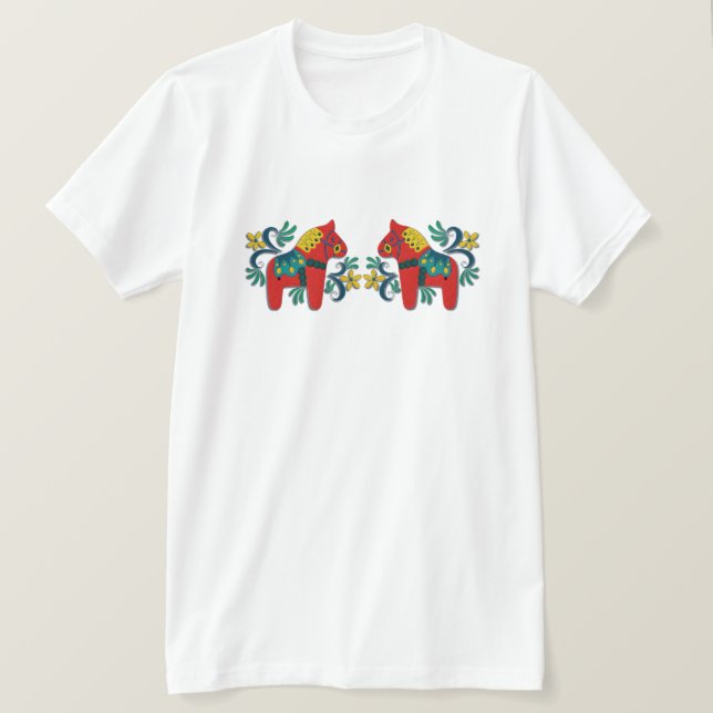 Colorful Swedish Dala Horse Twins T-Shirt (Design Front)