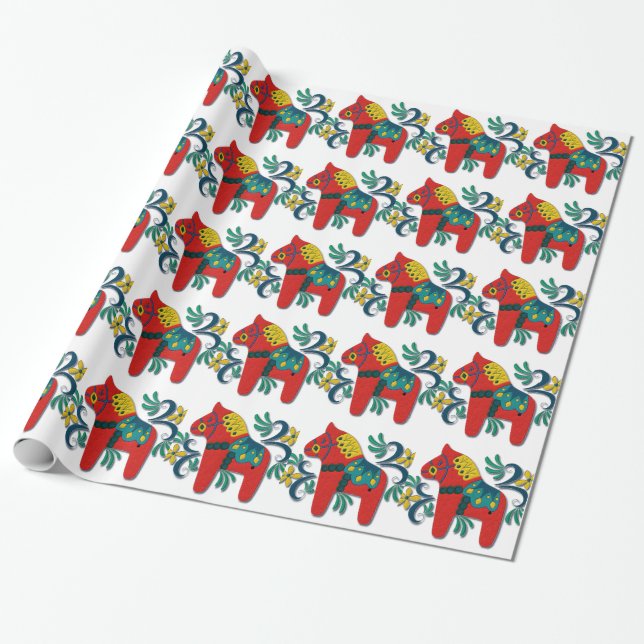 Colorful Swedish Dala Horse Wrapping Paper (Unrolled)