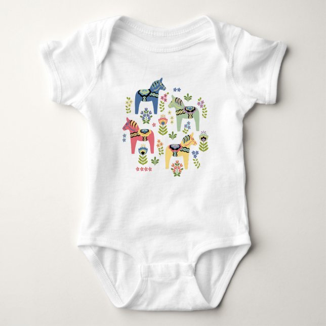 Colorful Swedish Dala Horses Baby Bodysuit (Front)