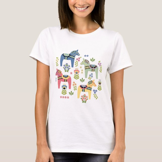 Colorful Swedish Dala Horses T-Shirt (Front)