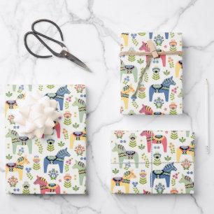 Colorful Swedish Dala Horses Wrapping Paper Sheets