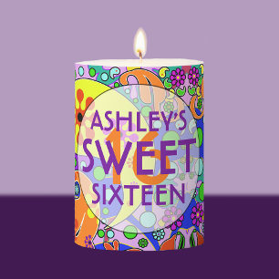 Colorful Sweet 16 Birthday  Pillar Candle