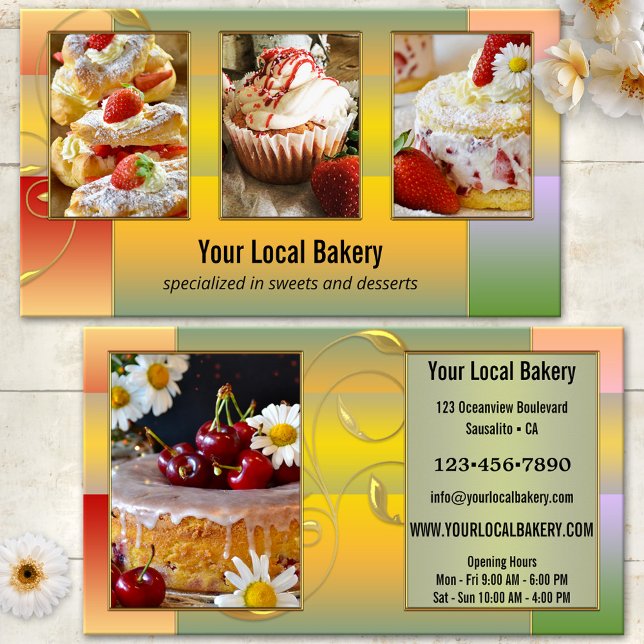 Colorful Sweet Bakery Dessert Photo Business Card (Bakery photo business card featuring sweet cakes and desserts framed by an artistic colorful design)