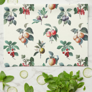Colorful Sweet Botanical Vintage Fruit on White Kitchen Towel