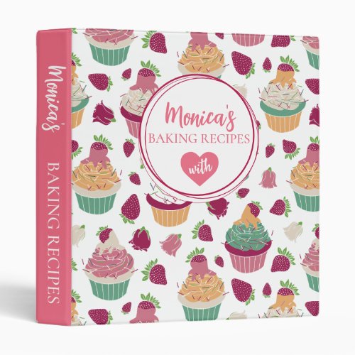 Colorful Sweet Cupcakes Pattern Custom Name Pink 3 Ring Binder