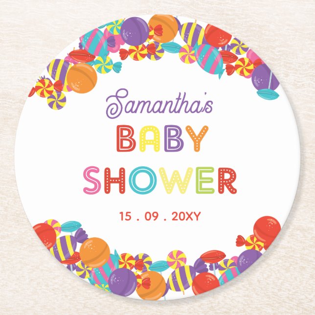 Colorful Sweet Fun Candy Baby Shower Round Paper Coaster (Front)
