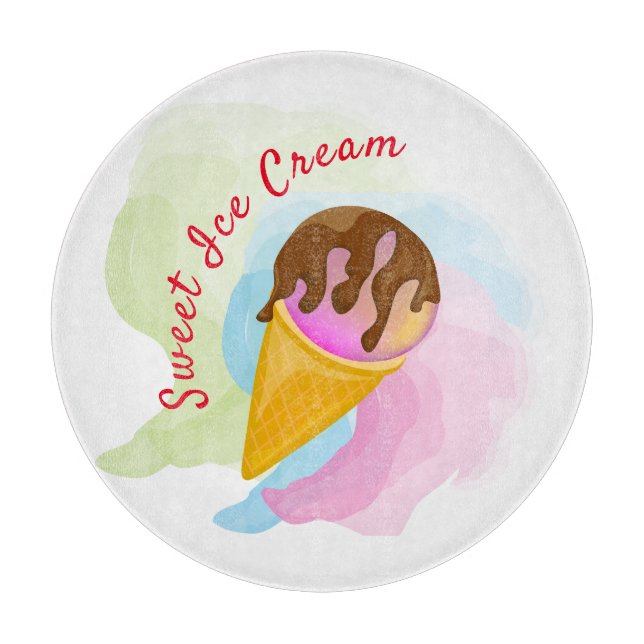 Colorful sweet ice cream in a cone cutting board (Front)