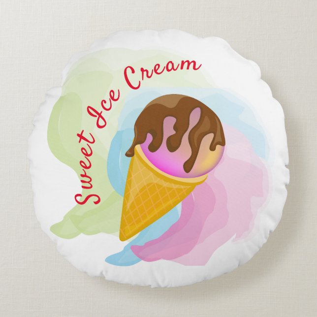 Colorful sweet ice cream in a cone round pillow (Front)