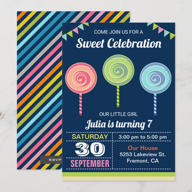 Colorful Sweet Lollipops Birthday Party Invitation (Front/Back)
