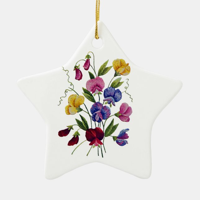 Colorful Sweet Peas Ceramic Ornament (Front)